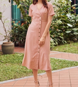 Robe pour femme en lin 100% rose pâle, fabriquée en Inde, col en V, manches courtes, formelle, sexy, longueur genou, respirante - Product Image 3