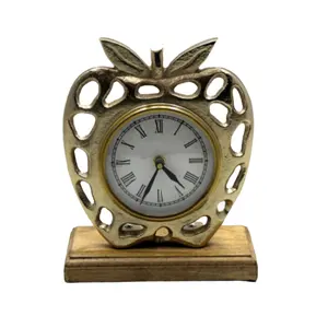现代手工镀银苹果形金属台钟，带木制底座，用于家居装饰
