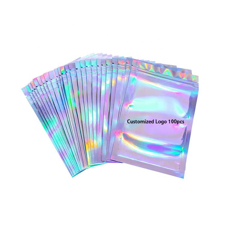 Custom print mini transparent holographic resealable smell proof food small ziplock plastic packaging mylar hologram bags