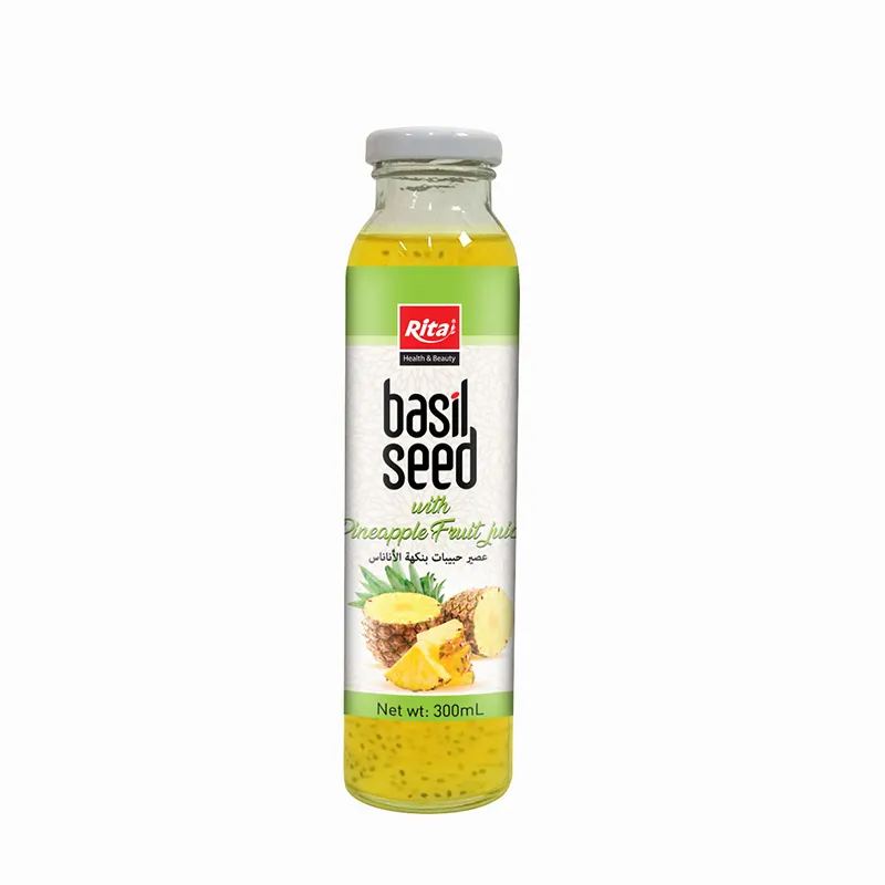 Hot Sale Healthy Drinks Vegan Beverage Qualified Manufacturer from Vietnam 300 ml Pineapple Flavor Basil Seed Drink