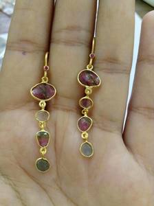 Multi Faceted Sterling 925 Silver Gold Plated Watermelon Multi Color <b>Tourmaline</b> Polki Flat Cut Indian Cut Gemstone <b>Earrings</b> - Product Image 2