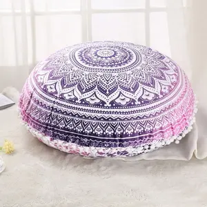 Gorgeous Ombre Meditation Pillows Cover Pink Stylish Mandala Round Floor Cushion Case Decorative Pillow Case With Pom Pom Trim