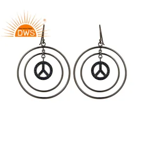 Pave Setting Blue Sapphire Gemstone Peace Sign Dangle Earring Jewelry Wholesaler Oxidized Sterling Silver Jewelry Supplier