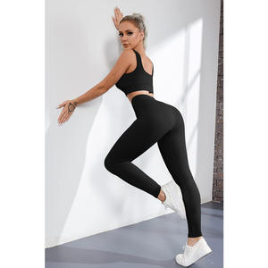 Vente en gros de costumes de yoga 2025 vêtements de fitness pour femmes ensemble de haute qualité en tissu polyester spandex de couleur unie imprimé de logo personnalisé - Product Image 2