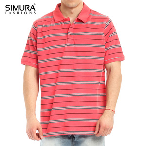 เสื้อโปโลแขนสั้นลายทางสำหรับผู้ชาย SIMURA ทรงลำลอง สีแดง ลายทางสีดำและสีขาว - Product Image 2