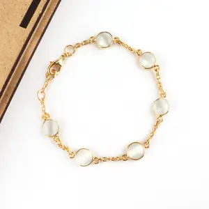 Factory direct 24k gold plated handmade bezel set 8mm round checker cut white cats eye cable chain bracelet with lobster clasp