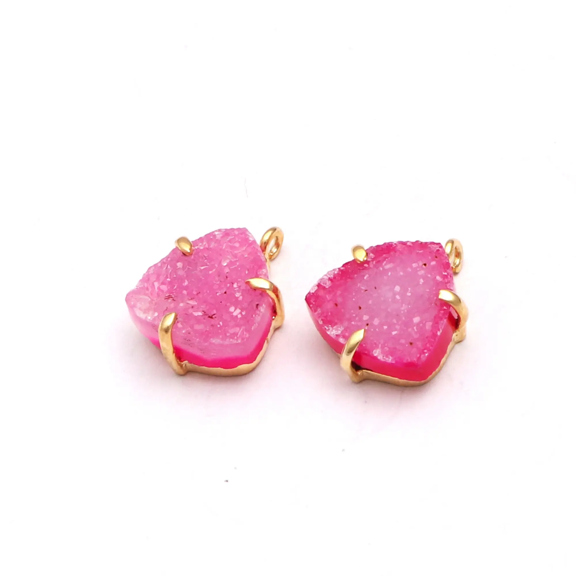 Single bail pink agate druzy gemstone trillion shape gold plated connector earring prong set earrings fashion handmade jewellery