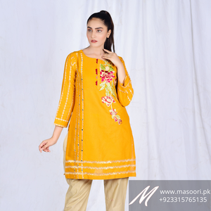 High Quality Masoori Cotton <b>Fabric</b> with Tilla & Mirror Work Embroidery <b>Indian</b>/Pakistani Style Women's Kurta/Kurti Made Pakistan - Product Image 2