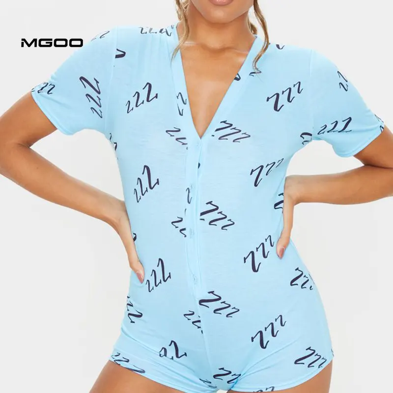 MGOO Hot Sell Sexy Blue Short Sleeve Romper Pajamas Printing Women Adult Onesie