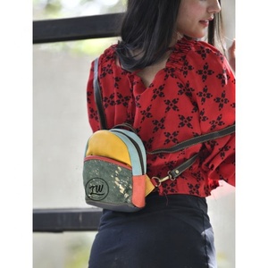 Recycled Leather Medium <b>Backpack</b> Handmade Hair On Shoulder Bag Colorful Leather Travel Drawstring Women's <b>Backpack</b> - Product Image 5