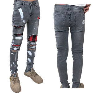 Pantalones vaqueros de motorista de camuflaje para hombre, jeans de motorista empalmados de retales de cuero PU, plisados, informales, a la moda, largos - Product Image 3