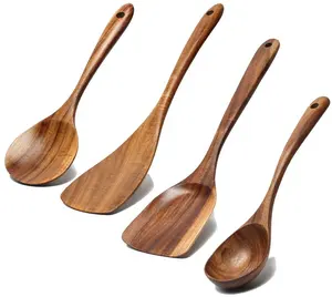 King International Alat Dapur Gagang Panjang Datar, Spatula Kayu Berlubang Pot Kayu Beech Terbaik