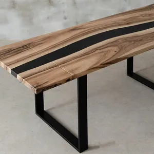 Wooden folding table epoxy table with steel legs, modern dining river table.