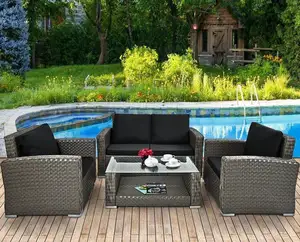 Black rattan table and sofa chair for poly rattan sofa set beauty furniture