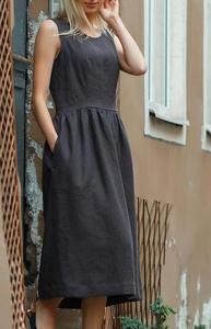 Robe midi noire sans manches 100 % lin, taille naturelle, col en V, coupe trapèze ample, formelle et décontractée, couleur unie, respirante, tissée, pour l'été - Product Image 5