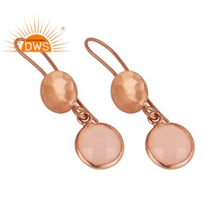 Rose Chalcedony Gemstone Earrings Wholesale Rose Gold Plated Hammered Silver Bezel Set Drop Earrings Jewelry - Product Image 2