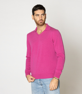 Maglione invernale lavorato a mano 100% con scollo a V da uomo a manica lunga Cashmere italiano fucsia-ODM Supply - Product Image 2