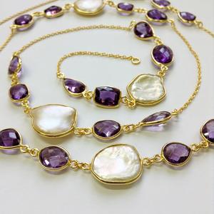 Everyday Wear 925 Sterling Silver <b>Gold</b> Plated Amethyst Cut and Baroque Pearl 90 cms. <b>Long</b> <b>Chain</b> <b>Necklace</b> - Product Image 1