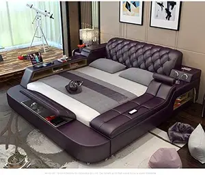 Modernes Leder gewebe Bett mit Aufbewahrung sbox Funktion Schlafzimmer möbel Set Chestrfield Style mit Multimedia-Lautsprecher USB-Ladegerät
