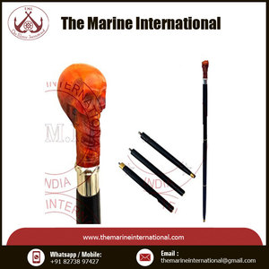 ด้ามจับหัวโครงกระดูกทองเหลืองแข็งสีส้มใช้ในร่ม/กลางแจ้งพร้อมเพลาไม้สำหรับเดินป่า - Product Image 3