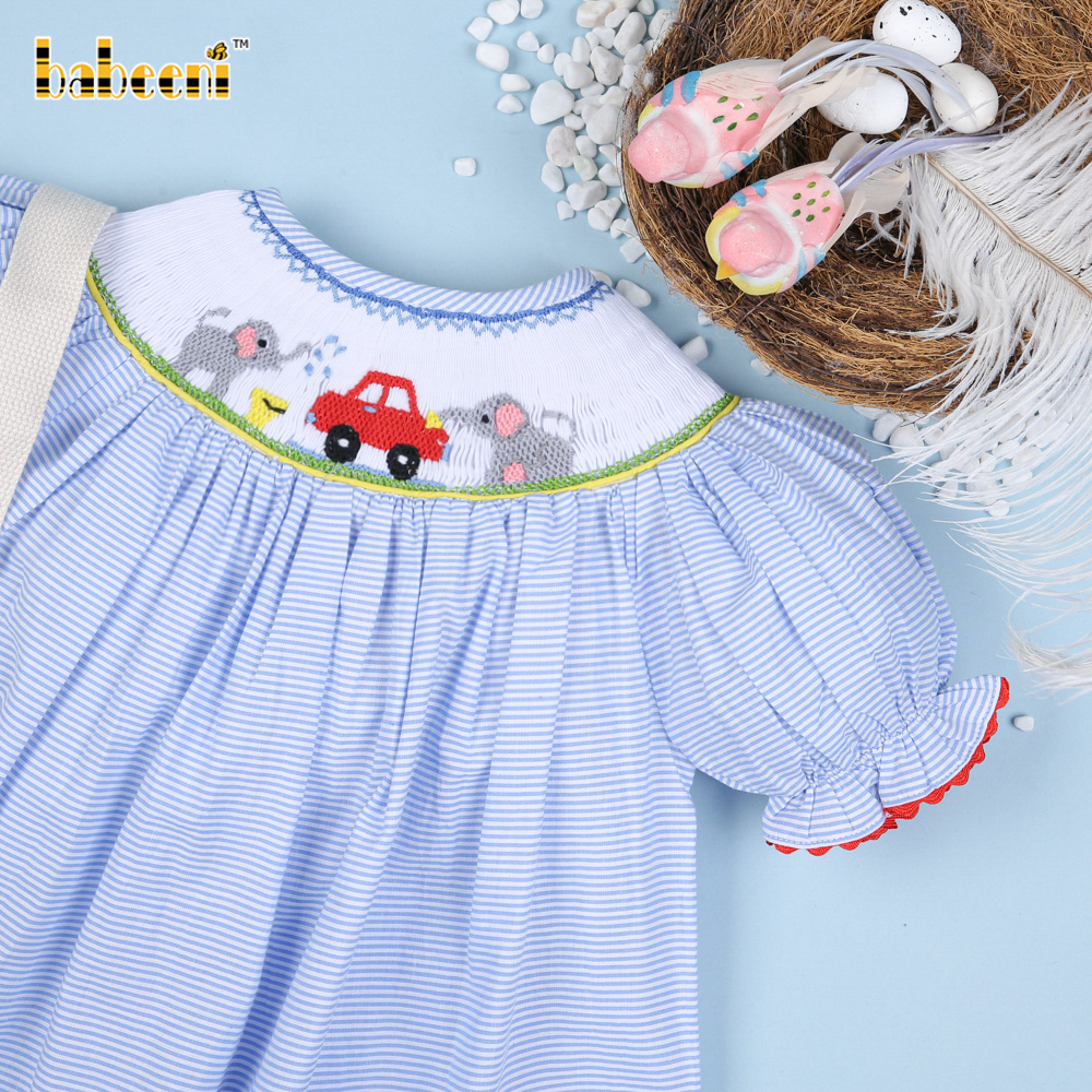 Elephant with Car Smocked Bishop Dress - BB918 for Girls
