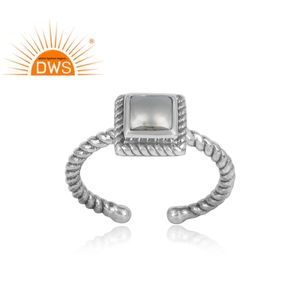 Bague ouverte en argent massif 925 avec perle blanche naturelle, anneau torsadé, ouvert, carré, bijoux, vente en gros - Product Image 2