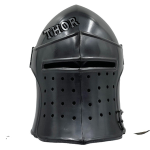 Casco de Barbuta con visera Medieval, armadura de acero cepillado, Caballeros Templarios, cruzados, Halloween, soporte de madera, negro pulido - Product Image 3