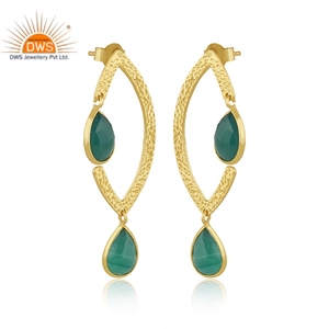 Trendy <b>Top</b> Selling Sterling Silver Gold Plated Dangle <b>Earring</b> Pear Cut Green Onyx Gemstone <b>Earring</b> Supplier - Product Image 3