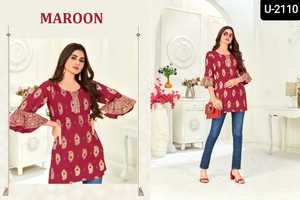 Ropa informal corta de alta calidad Kurti para damas Foil Printed Reyon Fabric Totalmente cosida a bajo precio - Product Image 2