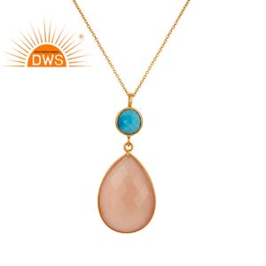 Turquesa y Calcedonia Piedra preciosa Colgante Diseñador 18K Chapado en oro Collar de cadena de plata Joyería al por mayor - Product Image 1