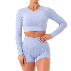 2021 <b>Women's</b> High Quality Seamless <b>Gym</b> Crop <b>Top</b> Sexy Rib Fitness Yoga Tank Short Ribbed <b>Long</b> <b>Sleeves</b> Sport Short Length Crop <b>Top</b> - Product Image 4