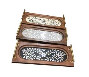 Plateau de service de style arabe de qualité pour le Ramadan Eid en bois d'acacia avec incrustation de nacre artisanale, taille personnalisable EPCH - Product Image 2