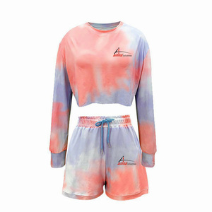 Ensemble d'été multicolore pour femmes, top court à col rond et manches longues avec cordon coulissant - Product Image 1
