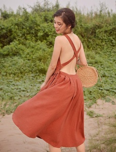Robe tablier marron pour femmes, en lin, avec bouton latéral et col carré, tenue décontractée, fait à la main, nouvelle collection, - Product Image 2