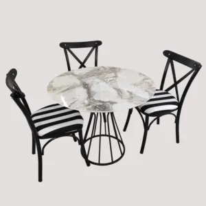 Bens — ensemble de Table à manger carrée, marbre noir et blanc, avec 3 chaises