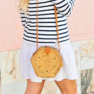 Fait à la main au Vietnam Vintage Rattan Hexagon Bag avec doublure imprimé léopard et broderie Décoration Tassel Style - Product Image 2