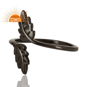 Anillo de plata de ley con diseño de hojas, joyería hecha a mano, fabricante de joyas, anillo ajustable de rodio negro, proveedor de joyería - Product Image 2