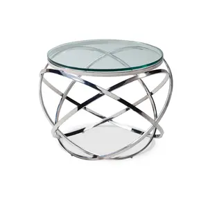 Contemporary Modern Living Room Furniture Clear Glass Chrome Steel Frame Circular Fixed Top Table Side Table
