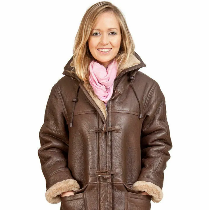 2021 Women's Brown Long Winter Hooded Fur Shearling Sheepskin Leather Duffle Coat - Wholesale Price