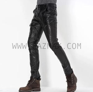 Pantalon décontracté en cuir véritable, pour hommes d'affaires, coupe Slim, noir, - Product Image 2