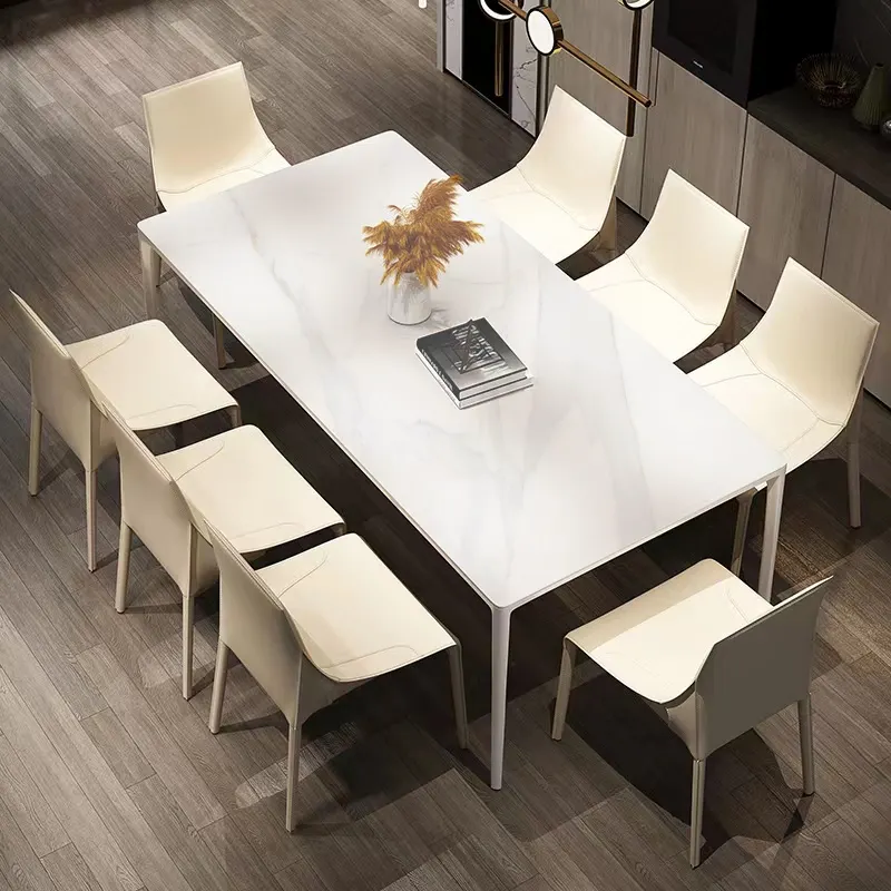 Tavolo da pranzo moderno in ceramica con struttura in alluminio e tavolo da pranzo rettangolare in marmo bianco