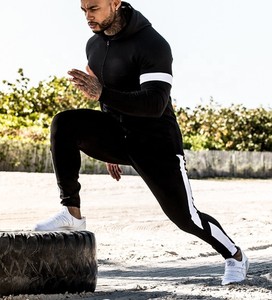 Men's Sleeve Stripe Active Gym Wear Tracksuit Set With Kangaroo Pocket Men's Full Front Zip Sweatsuit Set - Product Image 2