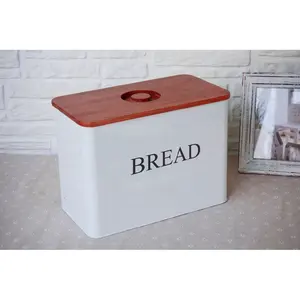 Retro Witte Keuken Brood Opbergdoos Met Bamboe Snijplank Aangepaste Metalen Brood Bin