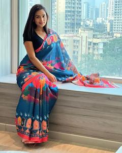 Tissu en soie douce avec impression numérique, miroir de travail, conception de fleurs, sarouel de styliste, bollyden, couleur maroon avec blouse indienne - Product Image 2