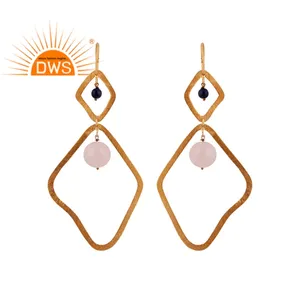 Rose Quartz Lapis Gemstone Dangle Drop Earrings Jewelry Supplier 925 Sterling Silver Satin Finished Gold Plated Hook Earring