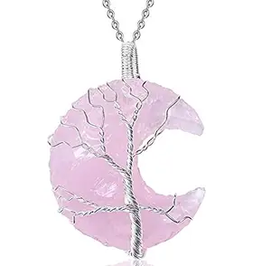 Venta al por mayor rosa cuarzo Luna colgante collar/alambre envuelto energía curación piedra preciosa Luna colgante de ágata elegante