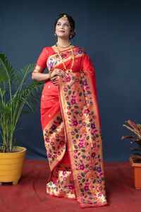 Nuevo Sari Paithani Tradicional Indio, Atractivo, de Seda Pura Suave con Bordado Zari Dorado, Tejido a Mano, para Mujer, Venta al por Mayor en Línea - Product Image 2