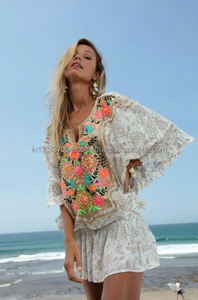 Boho Glam Embellished ด้านหน้า Elasticated เอว Ruffle Trim แขนผู้หญิง Kaftan ชุดเซ็กซี่ Lady Poncho ปัก - Product Image 2