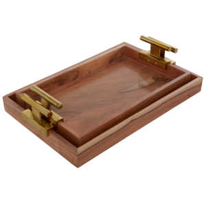 Bois d'acacia Carré Plateau de Service avec poignée en métal En Gros Plateau En Bois Plateau de Service Pour La Maison D'hôtel Et de Restaurant écologique - Product Image 1