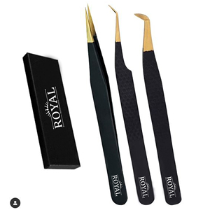 Ensemble de pinces à cils à volume individuel noir + or pointe incurvée pince à épiler de beauté en acier inoxydable couleur la plus chaude - Product Image 1